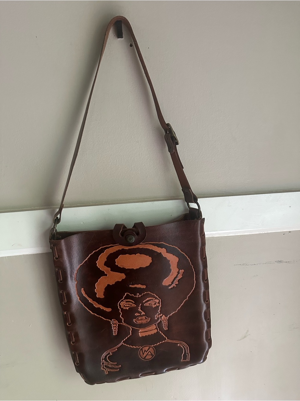 WABAGS Handcrafted Brown Leather Shoulder Bag with Afro Art